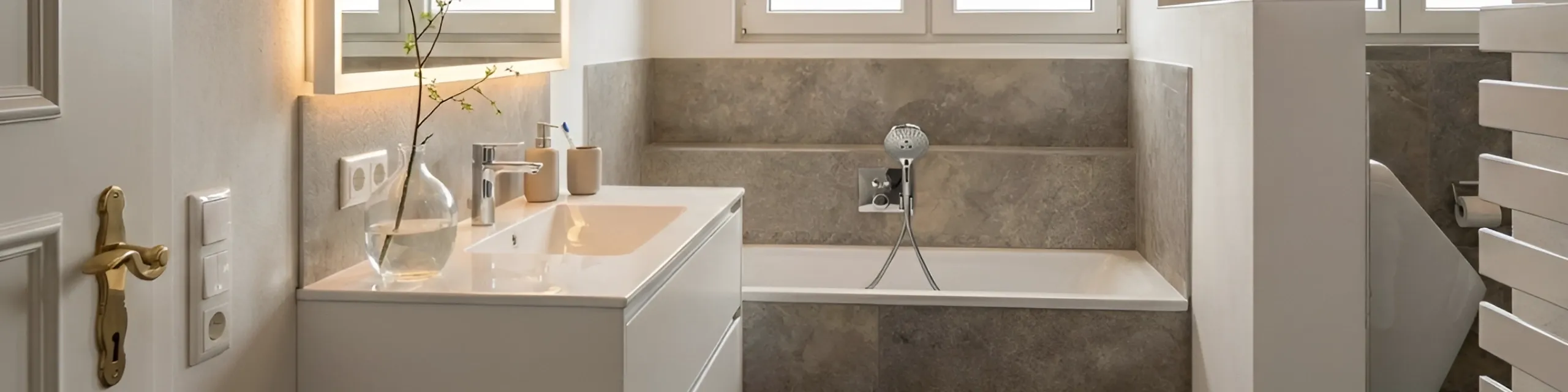 Zeiltos elegantes Bad mit Badewanne, offenem Stauraum, Handtuchheizung und Toilette in klarer Raumstruktur