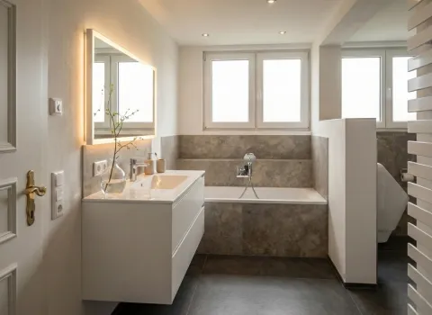 Eleganter Waschplatz mit schwebendem Waschtisch, beleuchtetem Spiegel und dekorativen Accessoires auf weißer Oberfläche.