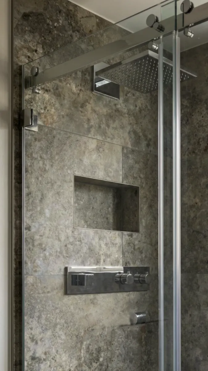 Hochwertiger Duschbereich mit strukturierter Fliesenwand, Chromarmatur und klarer Linienführung im Design.