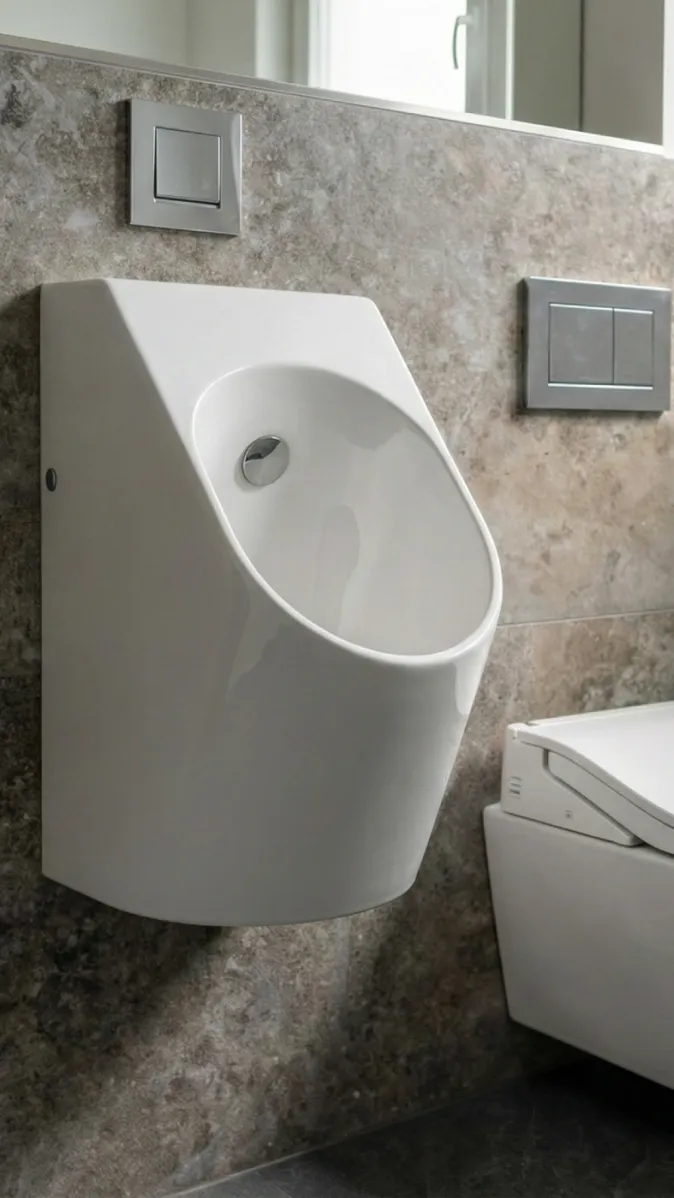 Eleganter Sanitärbereich mit weißem Urinal, glatter Oberfläche, Spülplatte und Natursteinoptik an der Wand.