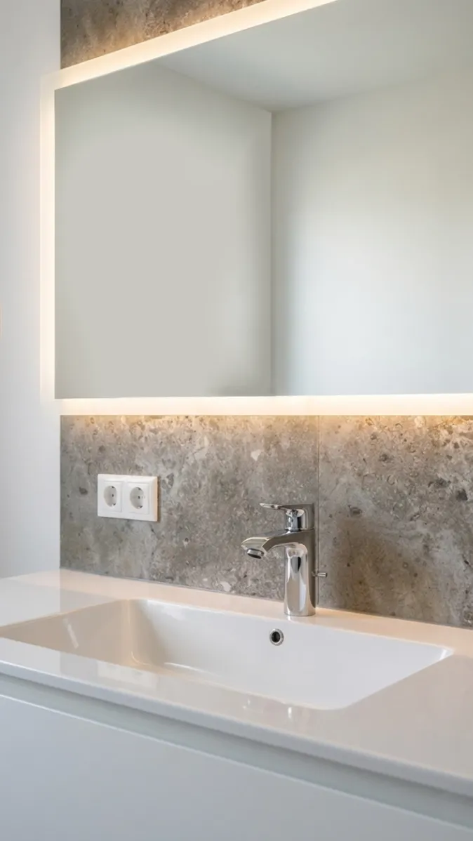 Hochwertiger Waschplatz mit weißem Becken, beleuchtetem Spiegel und Doppelsteckdose an strukturierter Wand.