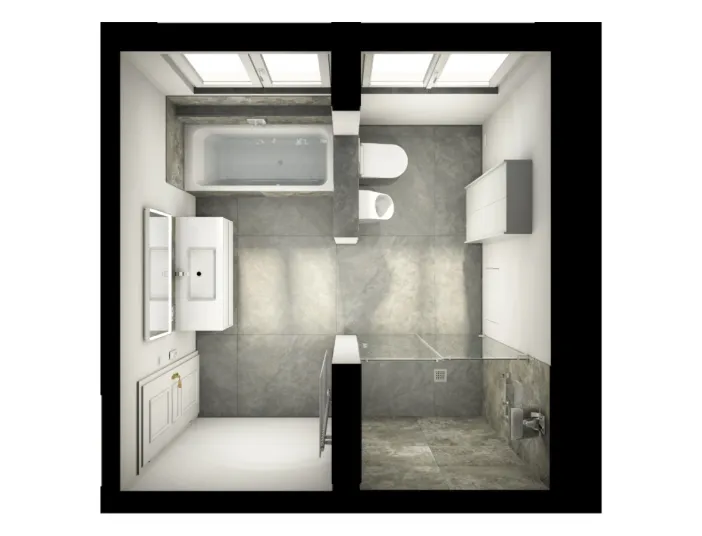 Hochwertig geplantes Badezimmer mit Badewanne, Dusche, Waschplatz und Stauraum – klar strukturiert und lichtdurchflutet