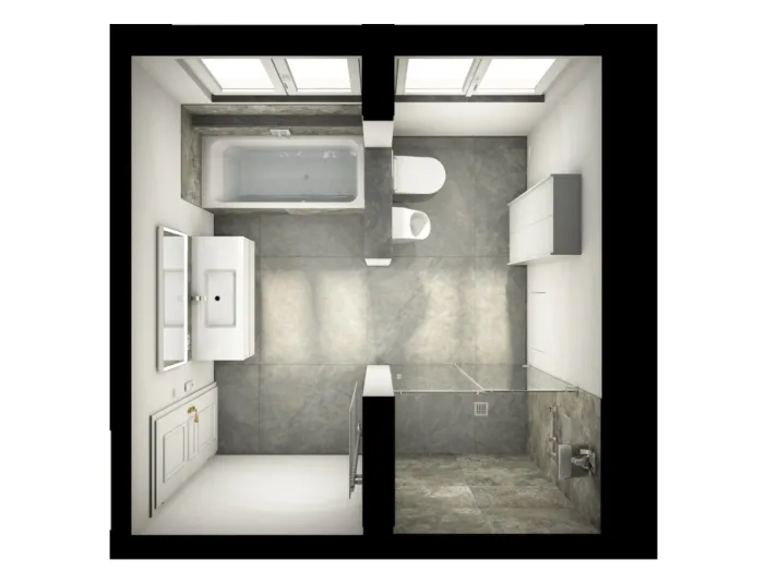 Hochwertig geplantes Badezimmer mit Badewanne, Dusche, Waschplatz und Stauraum – klar strukturiert und lichtdurchflutet